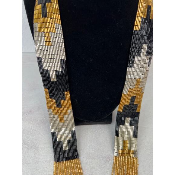 Himalayan Nepal Black and Gold Hand Beaded Necklace/ 18.5” Long - Picture 4 of 8